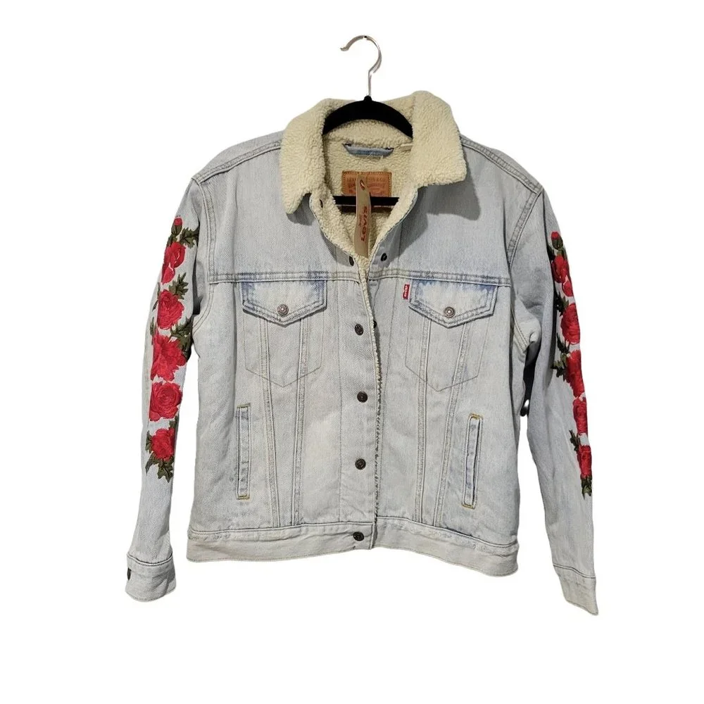 Women's Blue Ex-boyfriend Floral-embroidered Denim Sherpa Trucker Jack… - Picture 4 of 12